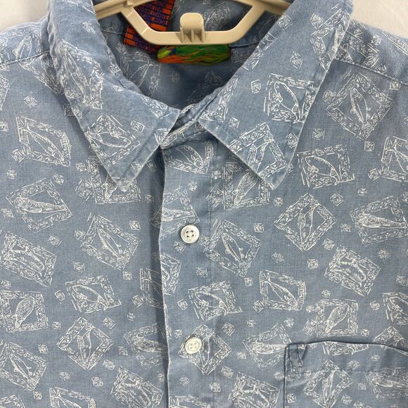 Roundy Bay Hawaiian Button Up Shirt XL Blue All Over Fish Print Short Sleeves - Picture 2 of 7